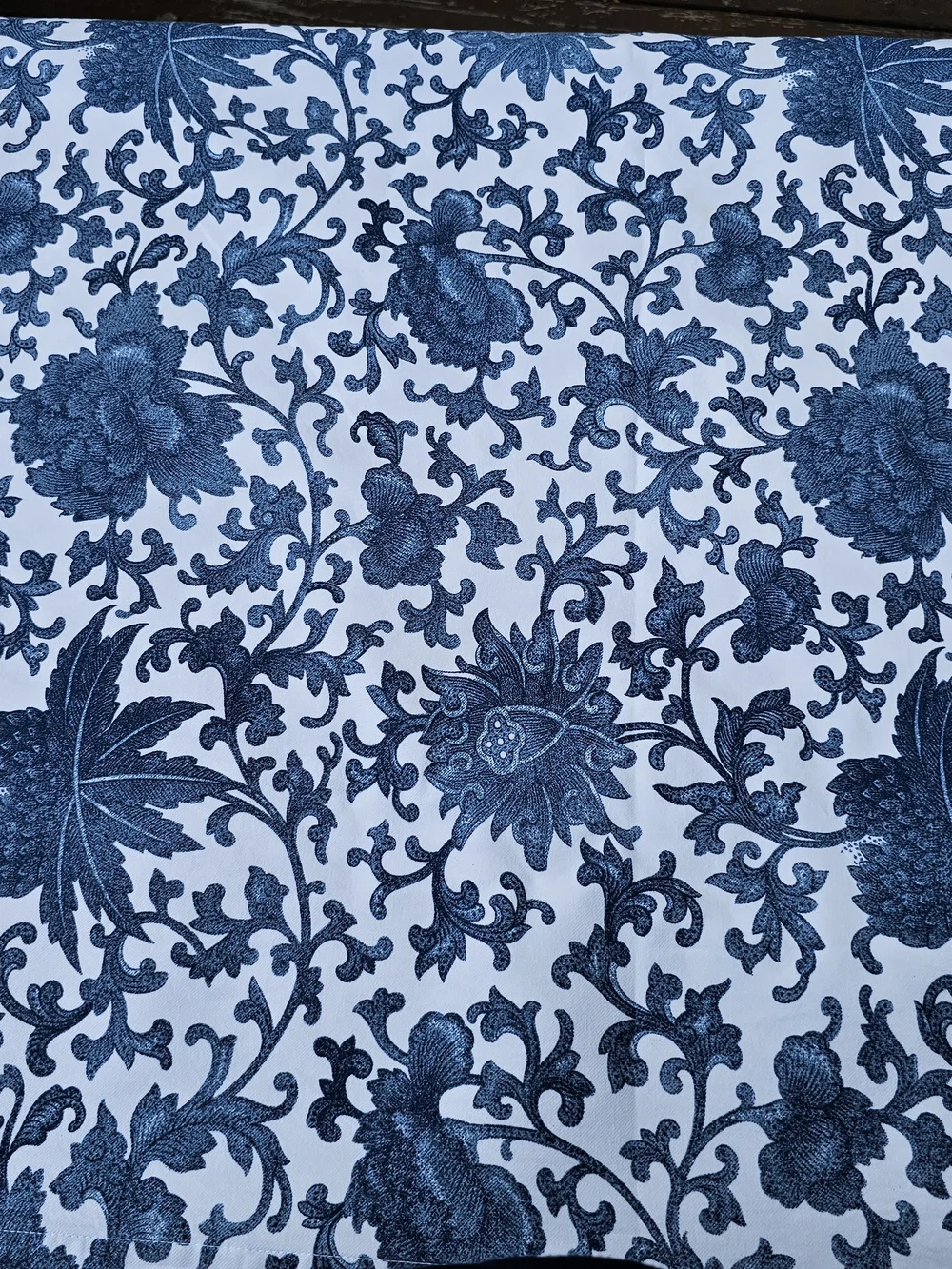 Williams Sonoma Blue and White Floral Tablecloth. 70X90